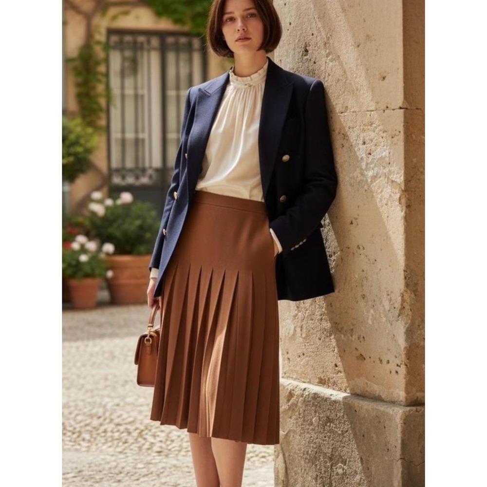 ALEEZA Paris Ponte‎ Knit Pleated Knee Length Skirt M Brown